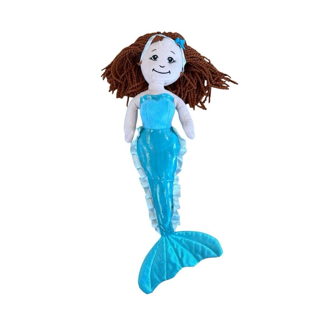 Ages 3M+ Soft Safe Doll Mermaid Blue Dress Brown Red Hair 16” Bean Plush Like JC